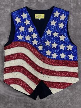VTG American Flag Sequined Vest Beaded Adult Large Patriotic USA 4th of July